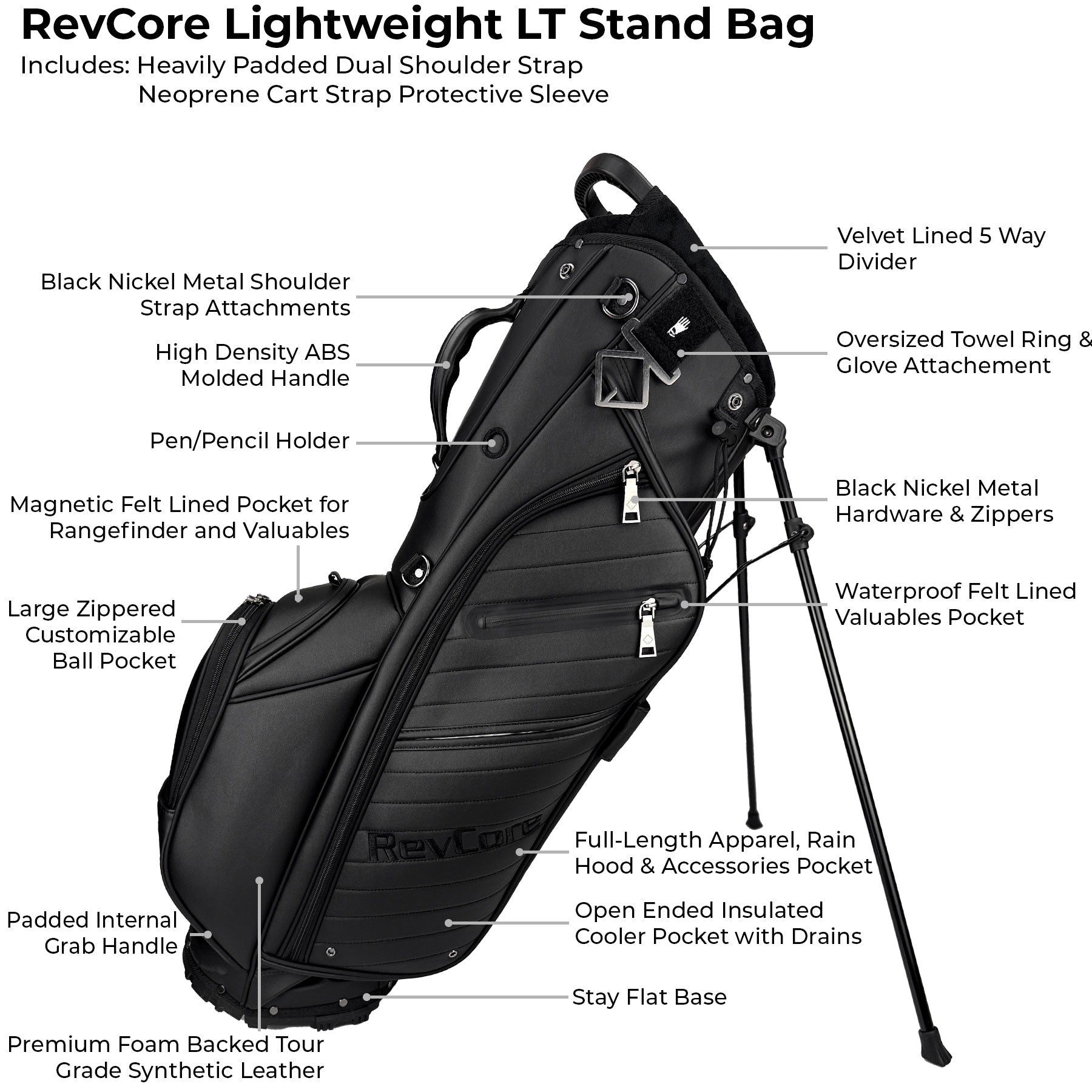 RevCore Lux LT Lightweight Stand Bag | 5 Way Velvet Lined Dividers