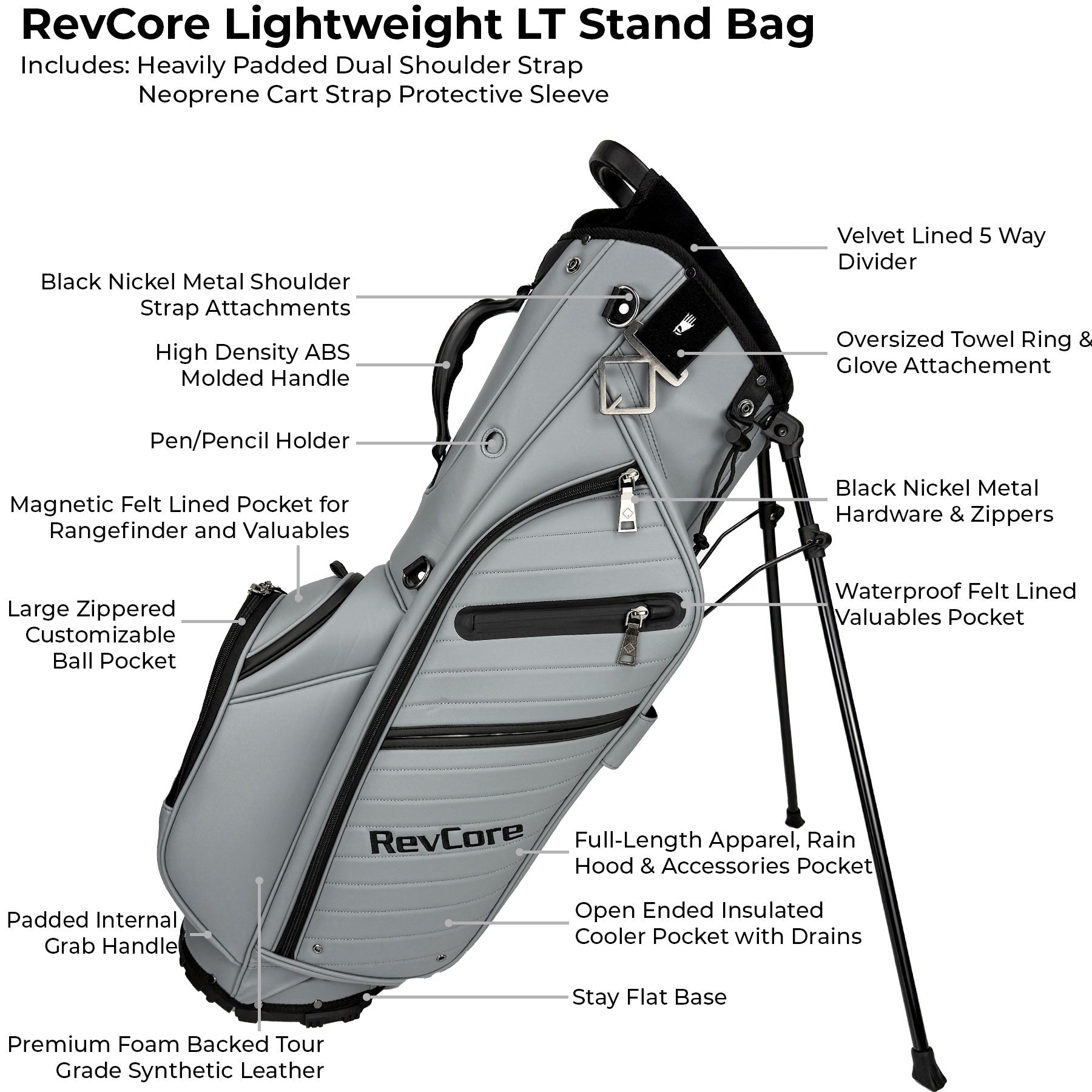 RevCore Lux LT Lightweight Stand Bag | 5 Way Velvet Lined Dividers