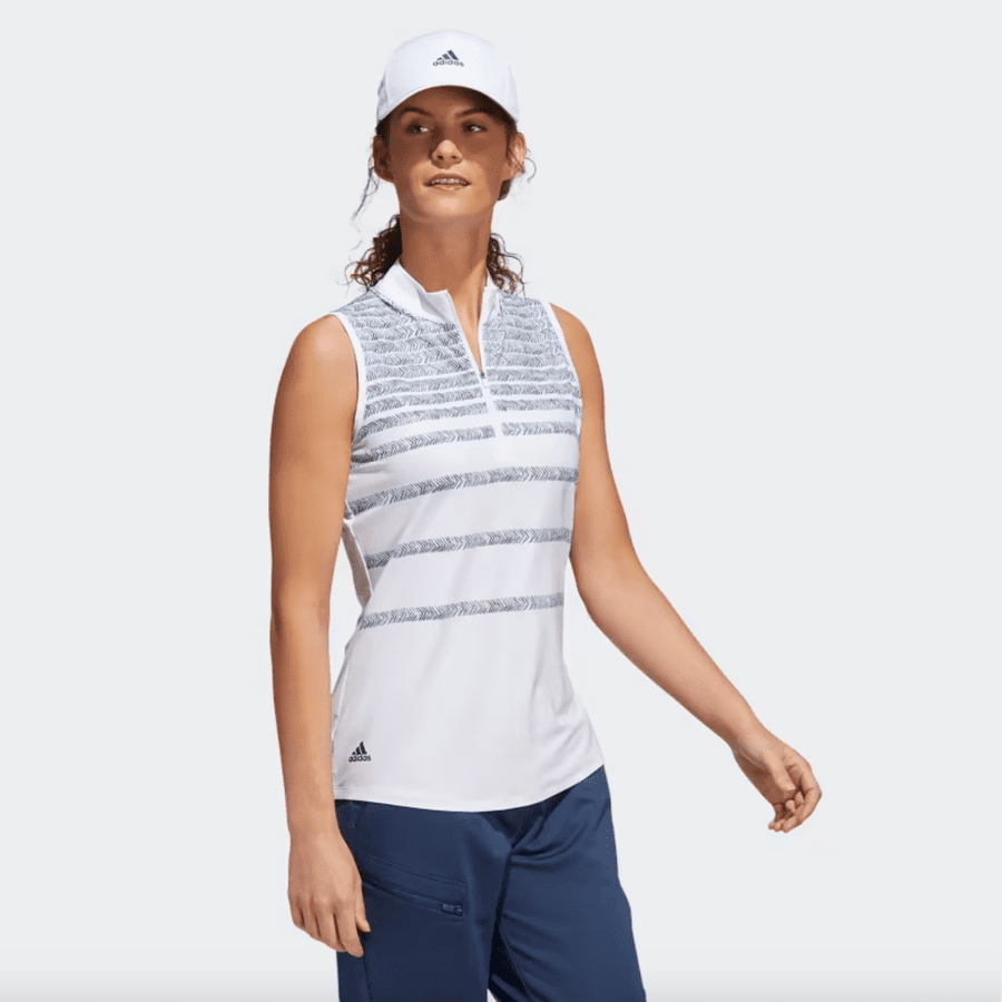 Adidas Ladies Herringbone Stripe Sleeveless Polo Shirt - Blue