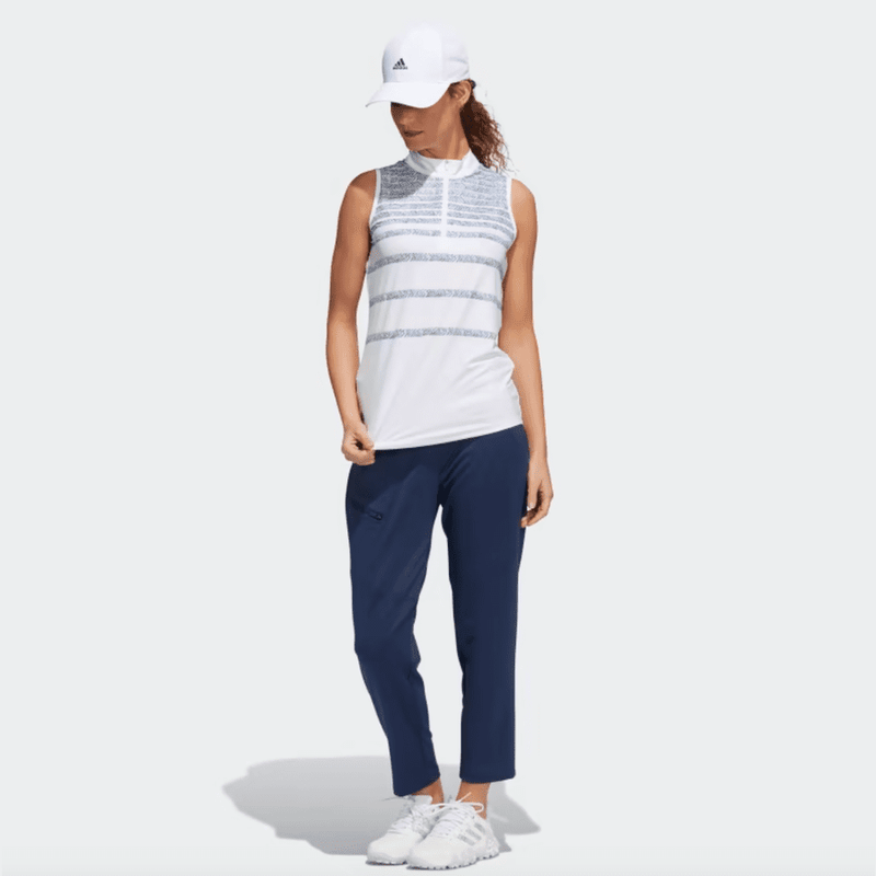 Adidas Ladies Herringbone Stripe Sleeveless Polo Shirt - Blue
